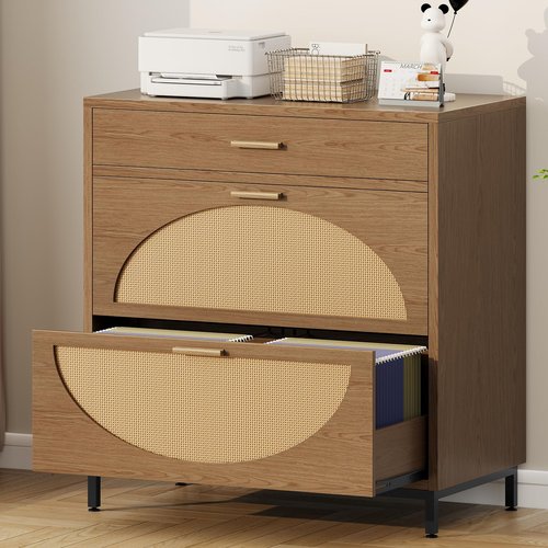 Lateral File Cabinet with 3 Drawers, Eco Rattan Wood File Cabinet for Home Office, Large Filing Storage Cabinets Printer Stand for Letter/Legal/A4 Size Hanging File