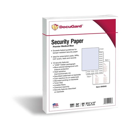 DocuGard Medical Security Papers, 24 lb Bond Weight, 8.5 x 11, Blue, 500/Ream