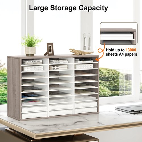 Alpeir Mail Organizer Countertop, 27 Slots Wooden Desk File Literature Sorter, Adjustable Paper Storage Shelves Document Holder, Space Saving Desktop Mailbox for Office Classroom, Retro Grey/White
