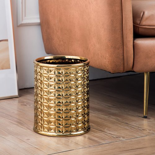 Gold Ceramic Trash Can - Round Waste Bin for Bathroom Vanity & Kitchen Desk, Durable Small Garbage Can with Lid, Modern Home Office Decor, Space-Saving Design