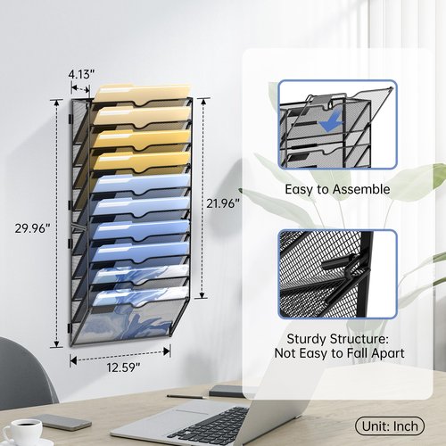 DALTACK Wall File Organizer, 10 Tier Hanging File Organizer, Mail Organizer Wall Mounted for Papers Folders Clipboard Magazine, Office Cubicle Organization & Storage, Assembly Needed, Mesh Black