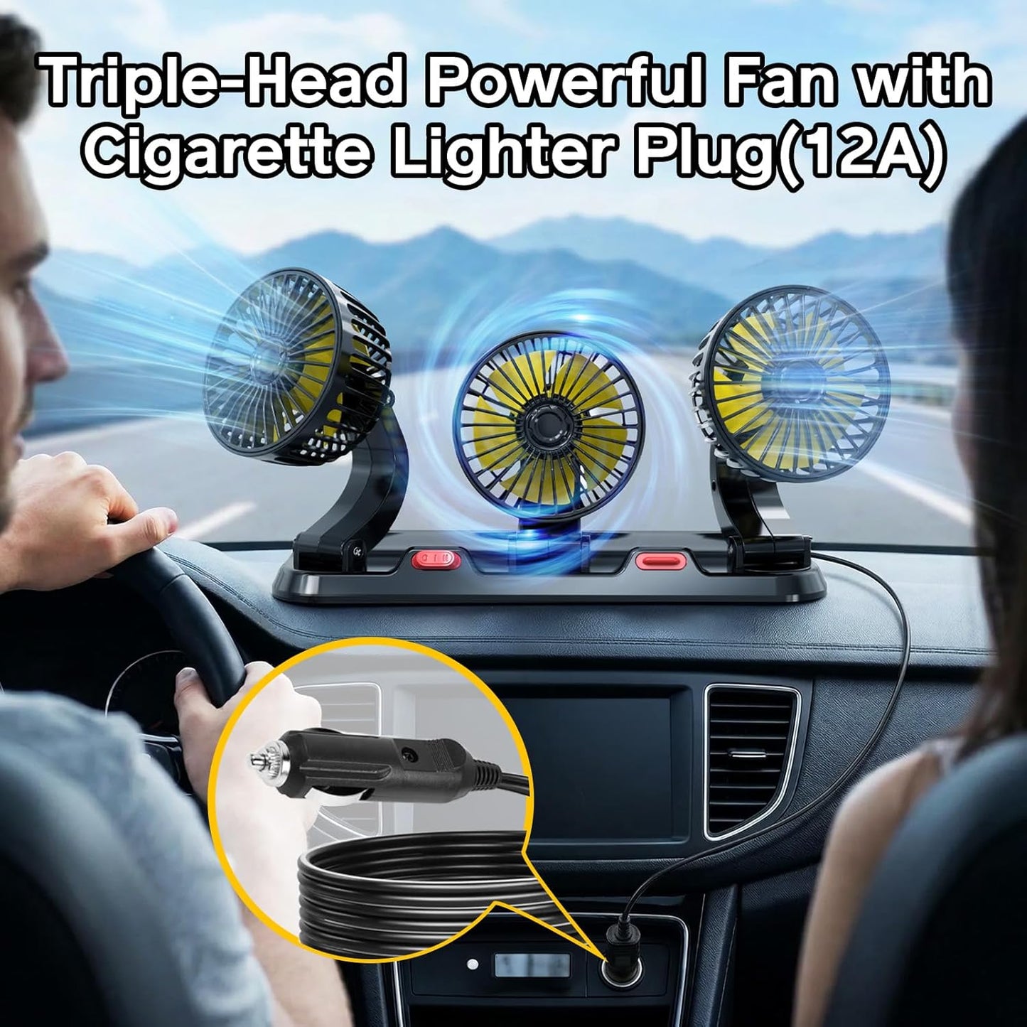 Skiennix Portable 3-Head Car Cooling Fan - Efficient Vehicle Air Circulation | Cigarette Lighter Plug