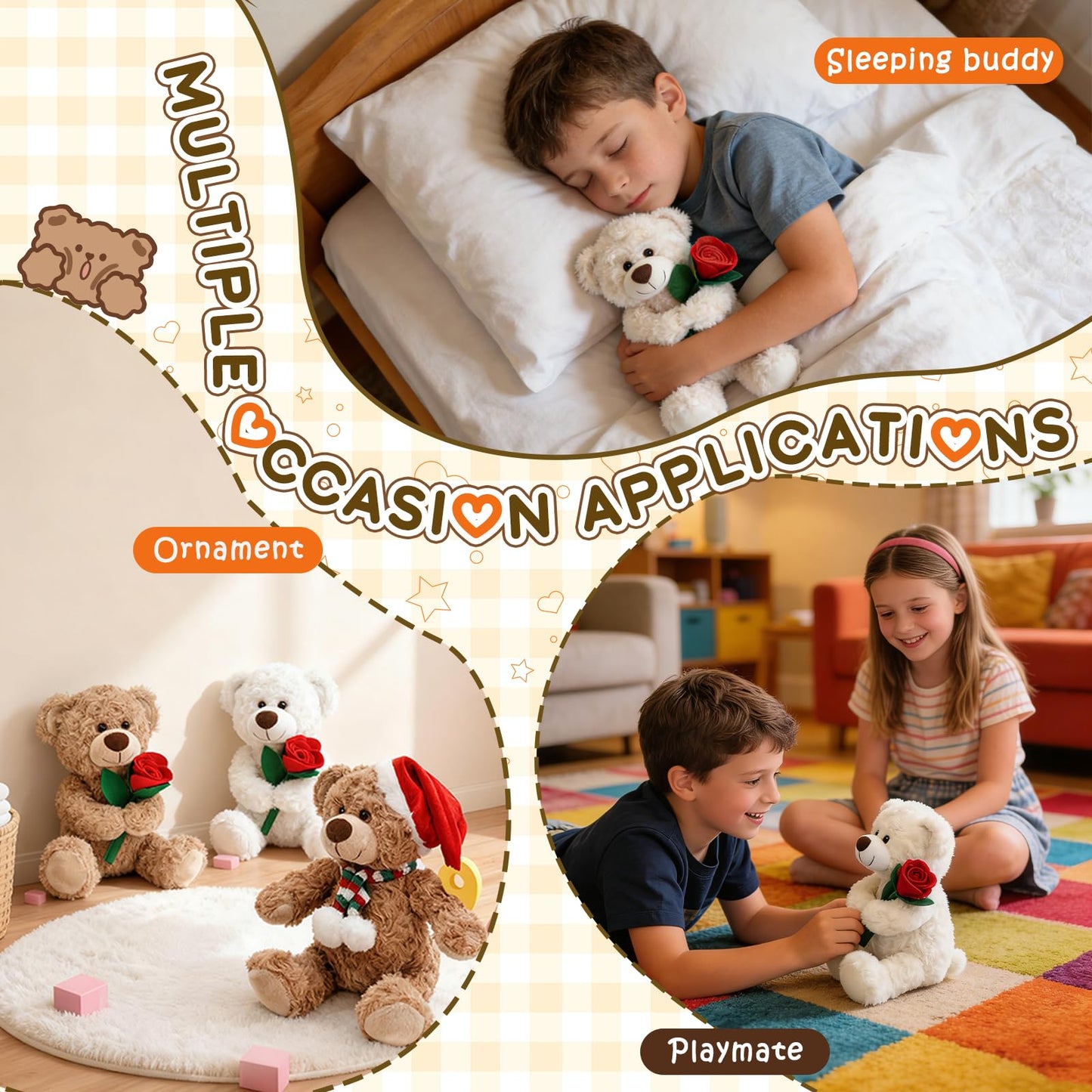 Bakalizoo 12'' Stuffed Teddy Bear Dolls with Rose, Soft Plush Animal Toys for Her/Girlfriend Lover Mom Kids Gifts (White/Rose)