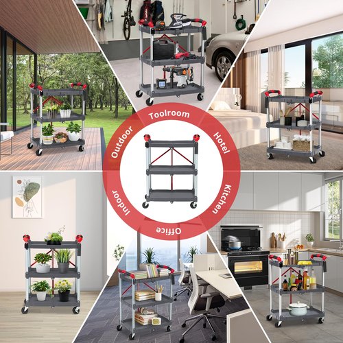 Collapsible Service Cart,3-Tier Portable Cart/Detailing Cart/Utility Carts with 2 Lockable Wheels Use for Home/Commercial/Office/Warehouse,Black, 56 Lb. Load Capacity Per Shelf-Grey