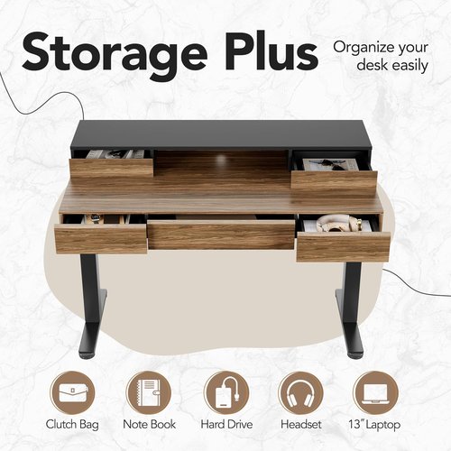 HUANUO Electric Height Adjustable Standing Desk - 48 Inches with Drawers & Monitor Shelf | Black Walnut