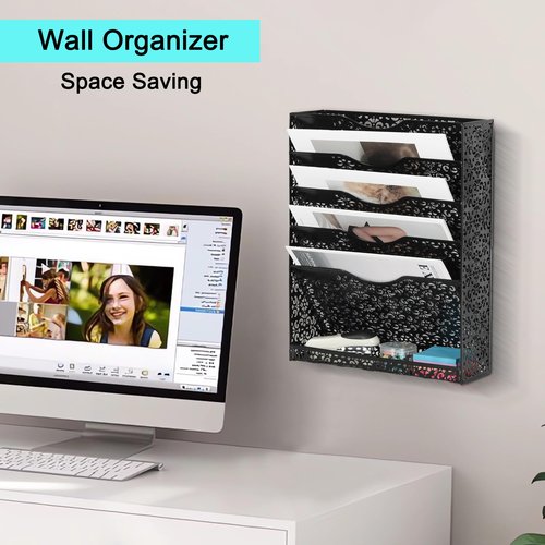 EasyPAG Desk File Organizer Heavy Duty Metal Wall Mount File Holder 5 Tier Mail Paper Folder Holder with Bottom Tray for Office Home Cubicle Countertop, Black