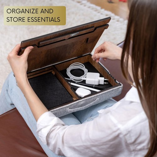Vigo Wood Laptop Tray - Lap Tray with Cushion, Laptop Table for Bed & Sofa, Adjustable Lap Desk, Portable Bed Table for Work & Study, Ergonomic Wooden Stand for Home Office (Walnut)
