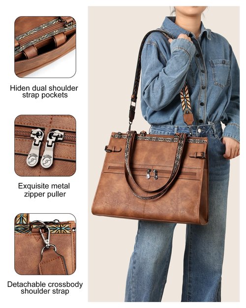 FADEON Laptop Bag for Women Designer PU Leather Large Tote Bags Packpack Purses with 15.6 Laptop Compartment Travel Shoulder Handbag Brown