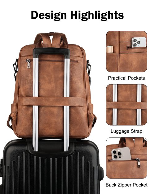 FADEON Laptop Backpack for Women Leather Travel Backpack with Laptop Compartment, Designer Ladies Computer Backpacks Brown