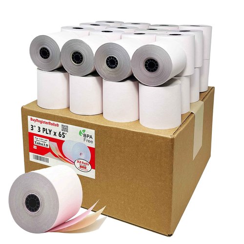 (32 Rolls) 3-ply 3" inch 65' Feet White/Canary/Pink Carbonless Paper for Star SP700 TMU 220 (3-ply 3" inch 65' Feet) Kitchen Printer Paper From BuyRegisterRolls