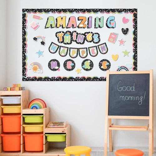 53Pcs Composition Classroom Bulletin Board Decor Girl Style Amazing Things Happen Here Positive Cutouts Inspirational Back to School Bulletin Board Sets for Teacher Students Office Home Wall Supply