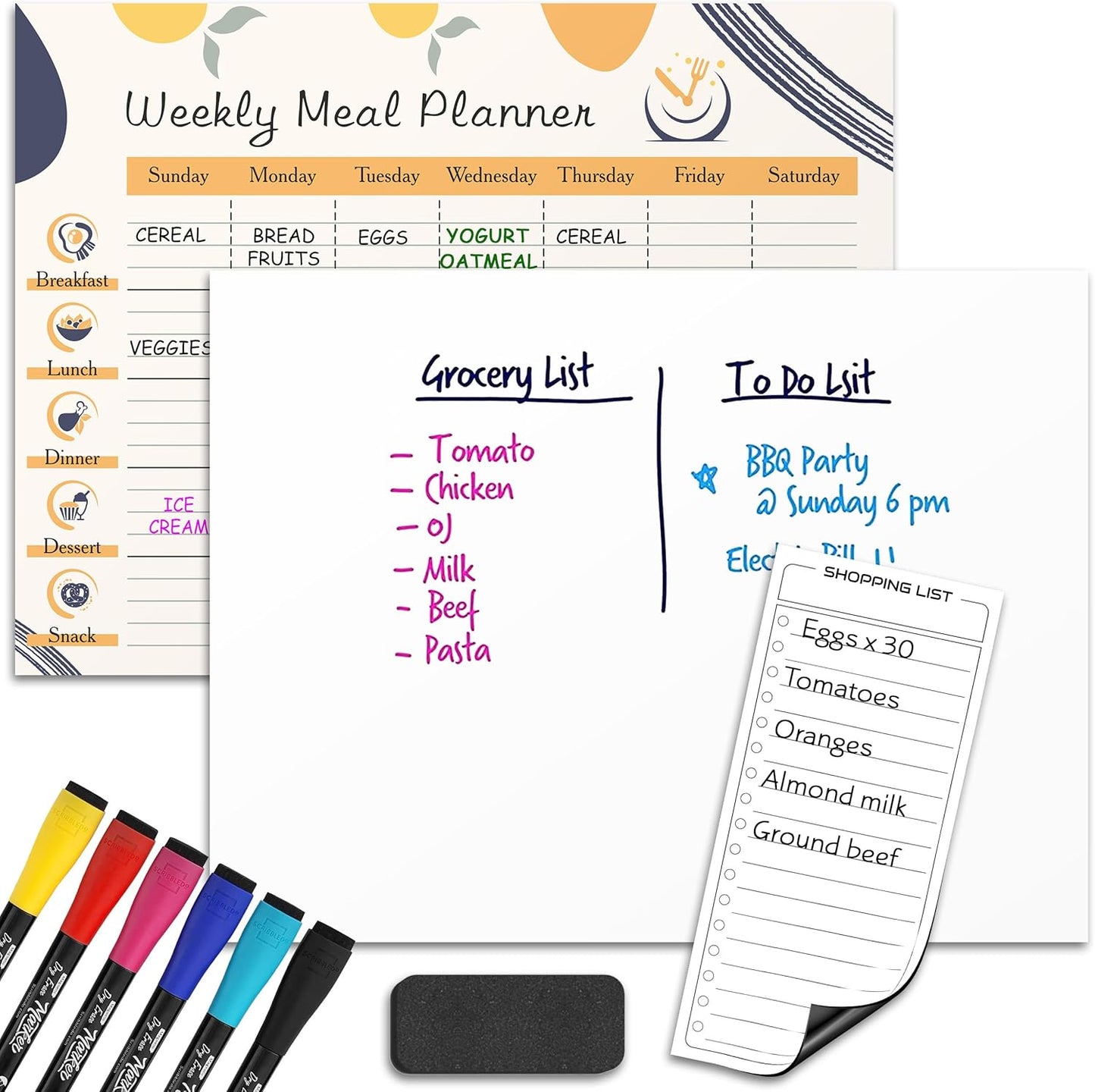 Skiennix Weekly Meal Planner - 13" x 17" Magnetic Dry Erase Whiteboard for Fridge | Includes 6 Markers