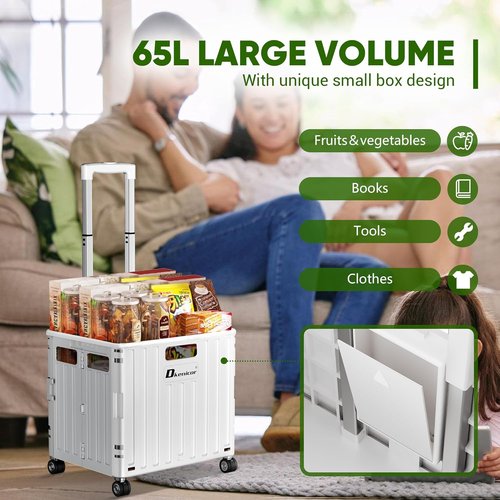 Folding Utility Cart - Portable Rolling Crate Handcart with Lid & 4 Wheels | Durable White Shopping Trolley