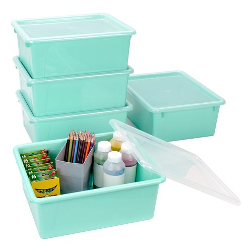 Storex Letter Size Deep Storage Tray – Organizer Bin with Non-Snap Lid for Classroom, Office and Home, Teal, 5-Pack (62549A05C), 10 x 13 x 5 Inches