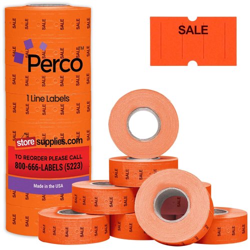 Perco 1 Line Fluorescent Red Sale Labels - 8 Rolls, 1 Sleeve, 8,000 Blank Price and Date Gun Labels for Perco 1 Line Price and Date Guns - Made in USA