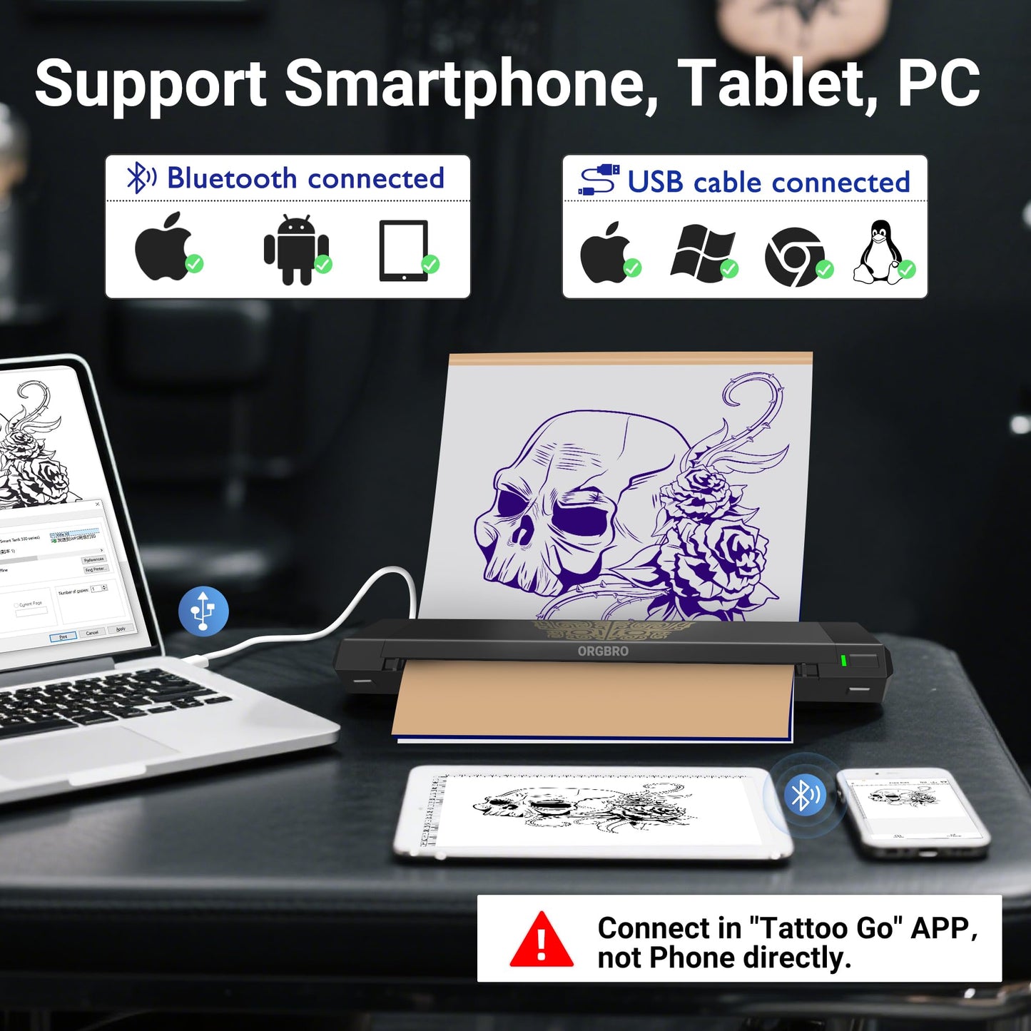 ORGBRO Tattoo Stencil Printer, X8 Thermal Tattoo Transfer Printer with 30pcs Transfer Paper, A4/A5/A6 3-in-1 Wireless Tattoo Machine for Tattoo Artists & Beginners, Compatible with Phone/Tablet/PC