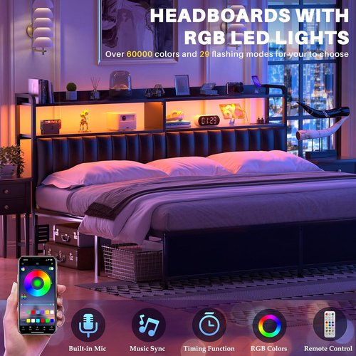 Aheaplus King Size Upholstered Headboard - Adjustable Height, USB Ports & LED Light, Black