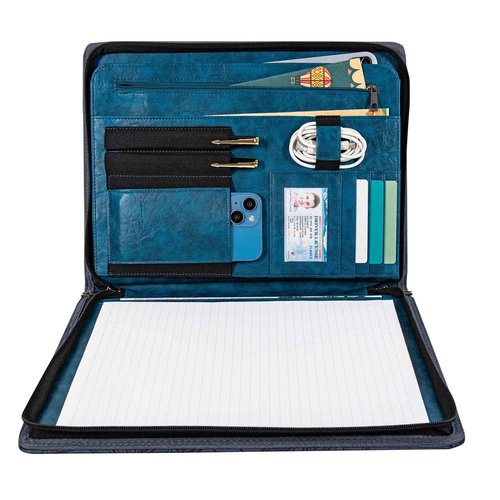 Dark Blue Embossed Portfolio Binder,Padfolio for Men and Women,Vegan PU Leather Padfolio with Zipper,A4 Planner Folder with Laptop Pocket, WorkBinder Organizer for Resume/Interview