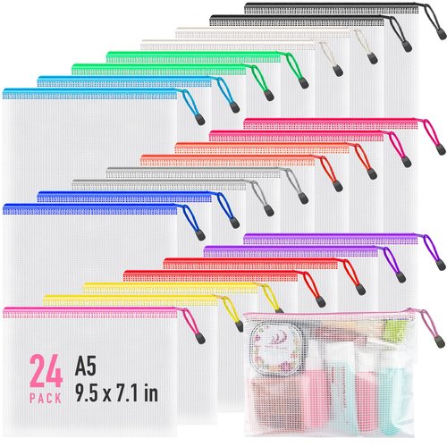 Umriox 24 Pack 12 Colors Small Zipper Pouch, 9.5" x 7.1"/A5 Size Mesh Bags with Zipper, mesh Bags for Puzzles Board Games and Office Supplies Travel Accessories
