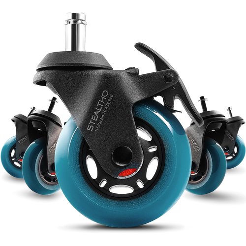 STEALTHO Chair Casters 5-Pack with 2 Locking Wheels | Heavy-Duty Office Rollers | Silent | Polyurethane Floor Safe | Standard Fit 7/16" x 7/8" | 600lb Load Capacity | Navy Blue