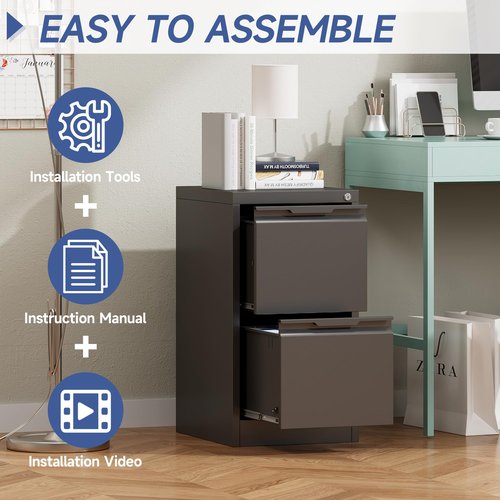 PIYAZEE 2 Drawer File Cabinet with Lock, 17.8" D Small Filing Cabinet for Home Office, Metal Vertical File Cabinets, Deep File Cabinets for Legal/Letter Size File, Easy Assembly