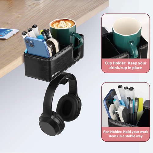 Erordna 4-in-1 Desk Cup Holder - Clamp On Under Desk Rotating Headphone Stand & Faux Leather Storage with Detachable Cup Holder/Phone Slot