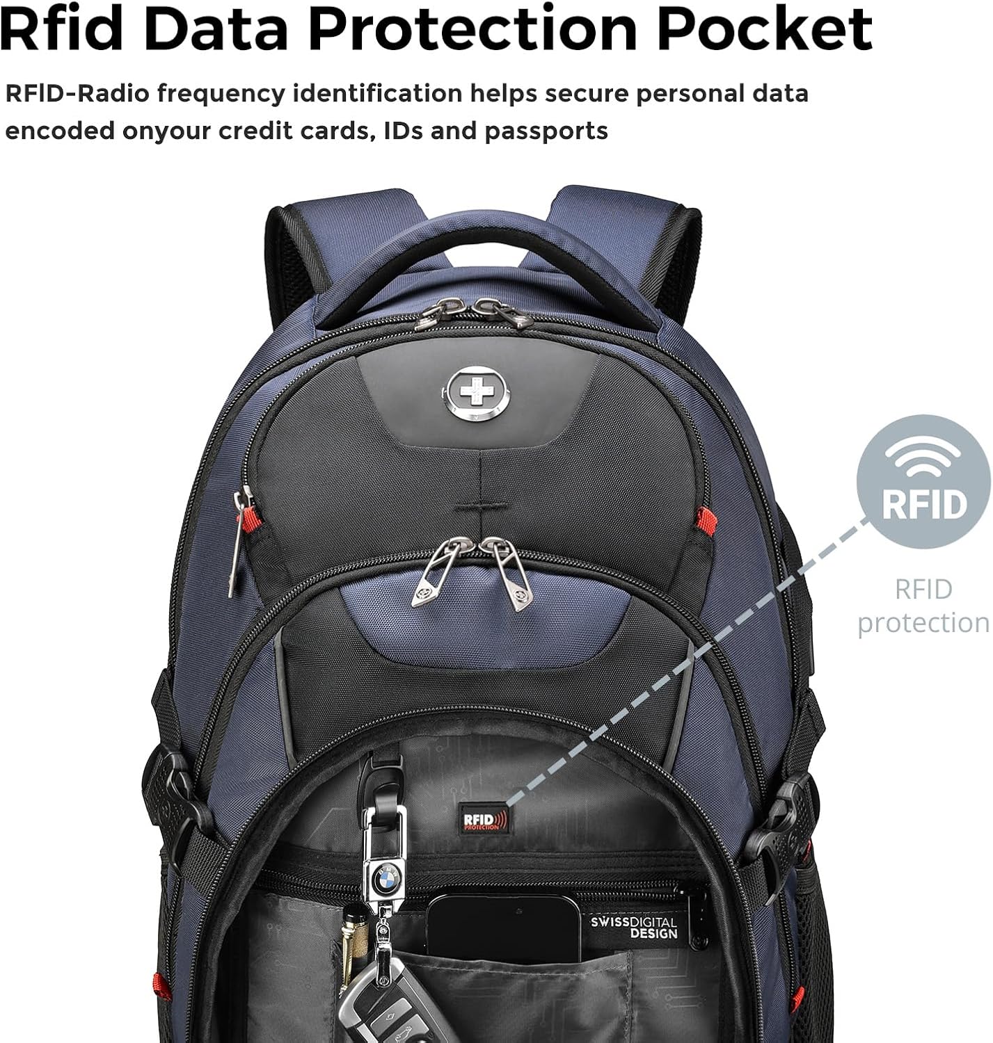Swissdigital Laptop Backpack - USB Charging Port, Fits 15.6" Laptops, 31L Travel Bag for Men, Blue/Black | Water-Repellent SD803-12