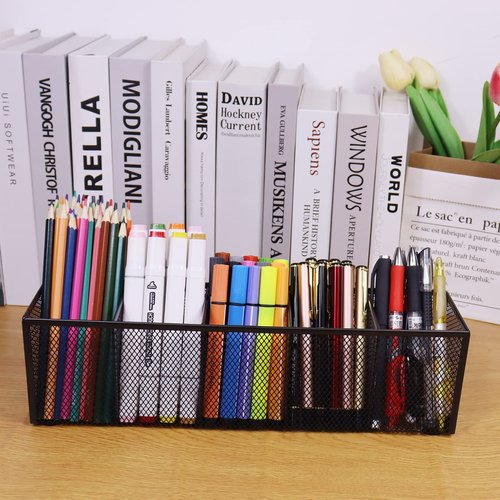 Flytreal Black Mesh Pen Pencil Holder, Small Metal Desk Organizer Desktop Stationery Office Supplies Acessories Storage Stand, 5 Compartments Brushes Holder for Home School Classroom Teachers