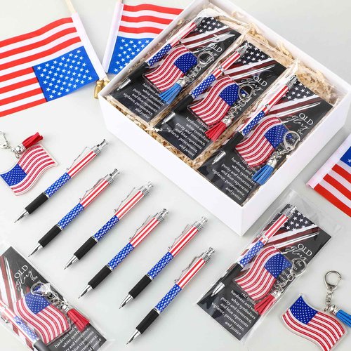 Sayglossy 50 Sets Veterans Day Gift Veterans Ballpoint Pen American Flag USA Acrylic Keychain with The USA Patriotic Themed Card Souvenirs Gifts for Veteran Patriotic Party Supplies