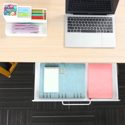 OSteed Under Desk Drawer White 21" with 4 Divider Trays, Under Shelf Pencil Drawer Pull-out, Standing Desk Metal Storage Attachment Slide Out for Workbench