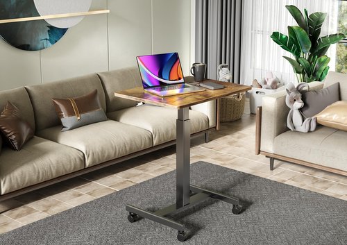 Claiks Mobile Standing Desk, Small Rolling Adjustable Desk with Wheels, Pneumatic Mobile Laptop Desks Workstation with Hook, Rustic Brown