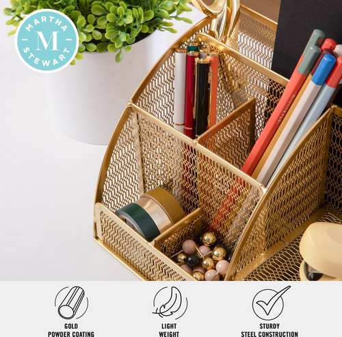 Martha Stewart Ryder Gold Mesh Metal Small Desktop Organizer for Office Accessories, Notebooks, Pen Holder and Drawer