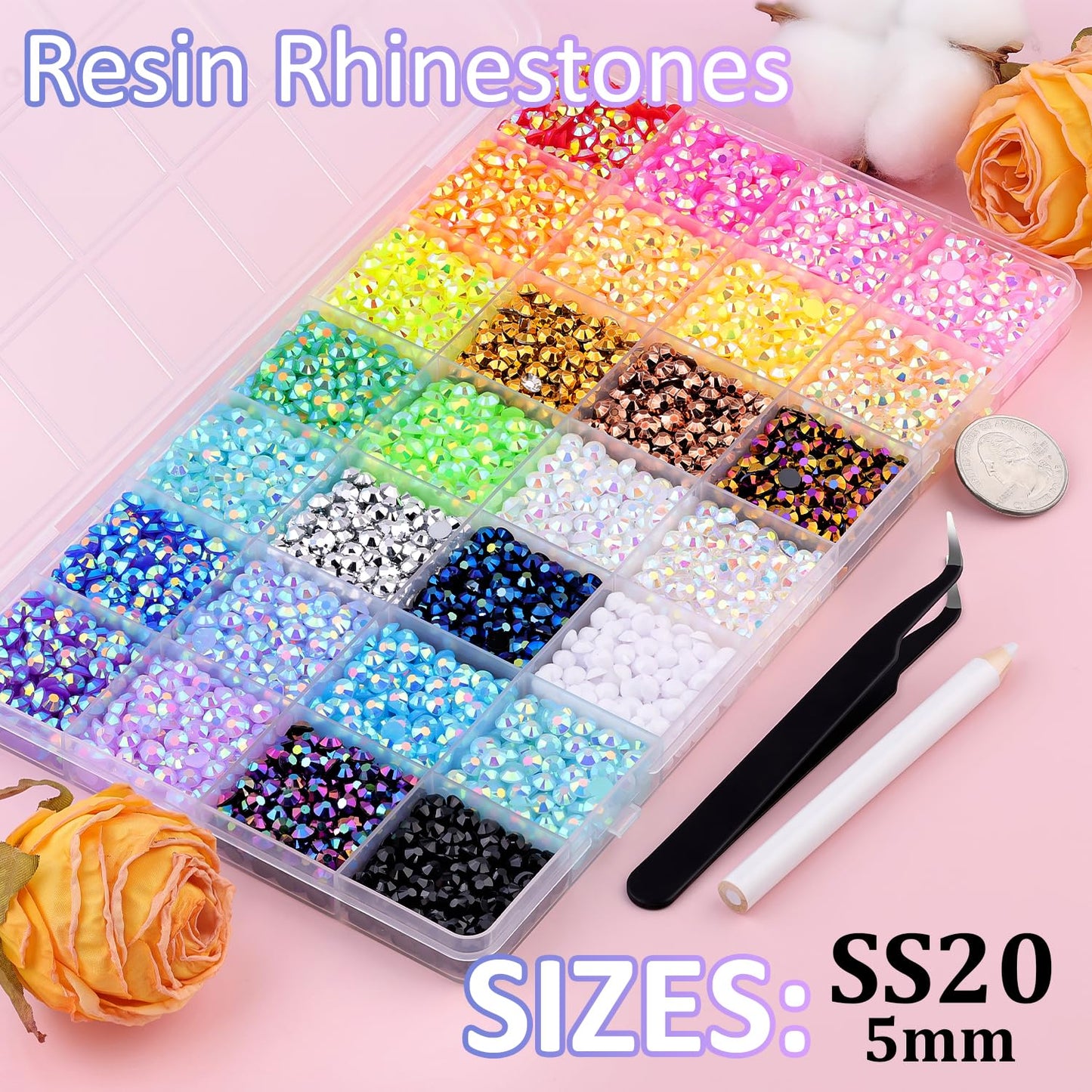 8500Pcs Resin Rhinestones with Tweezers for Crafting, Mixed-Color 5mm Bedazzling Crystal with 3Pcs 10ml B7000 Jewelry Glue for DIY Crafts Clothing Tumblers Shoes Fabric Nail Art