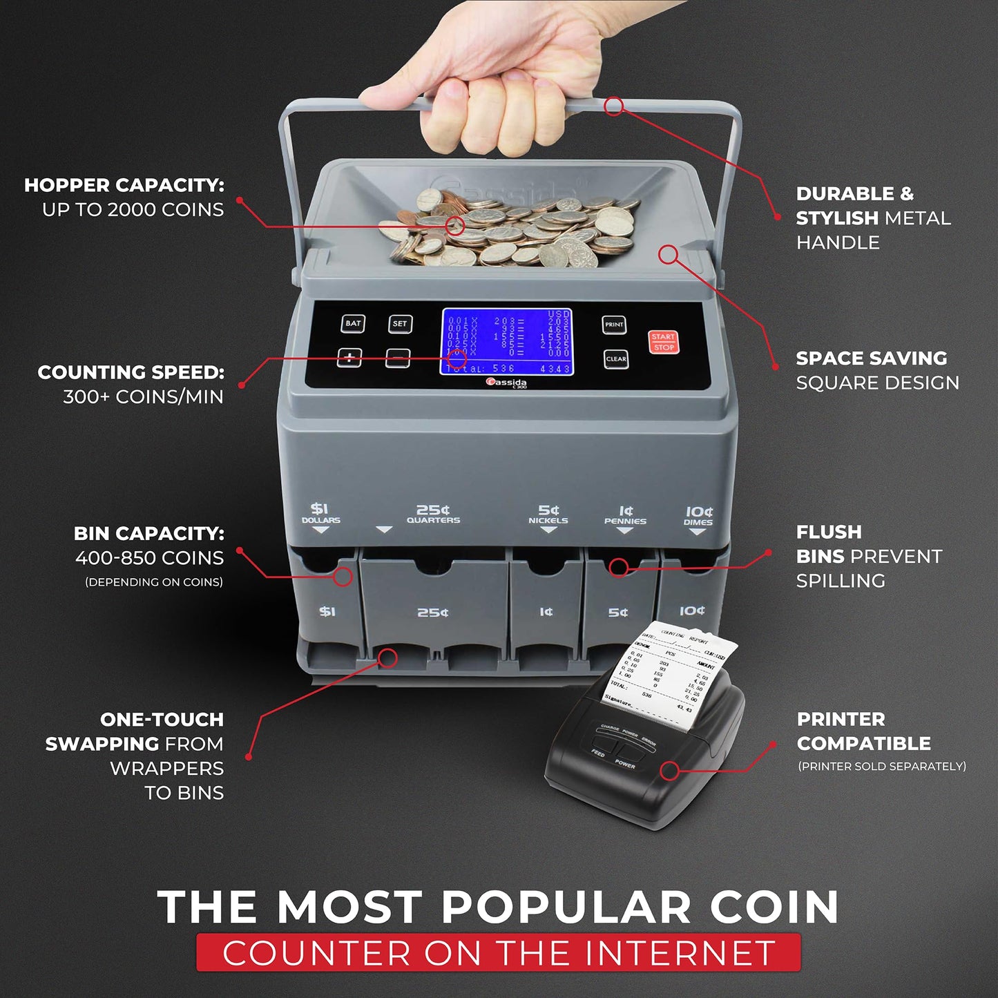 Cassida C300 Professional USD Coin Counter, Sorter and Wrapper/Roller, 300 coins/min, with Quickload and Printing-Compatible,Gray