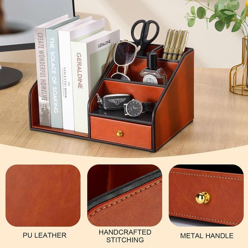 KINGFOM Desk Organizer - Multifunctional 6 Compartment PU Leather Holder for Office Supplies | Brown
