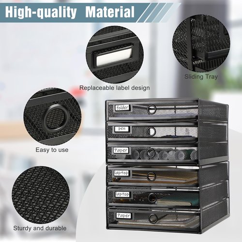 Zhanmai 2 Pcs Desk Organizer with Drawer Total 6 Tiers, Wire Mesh Organizers Tray Multifunctional Paper Sorter File Stand for Home Office Supplies Storage Letter A4 Paper Office Accessories(Black)