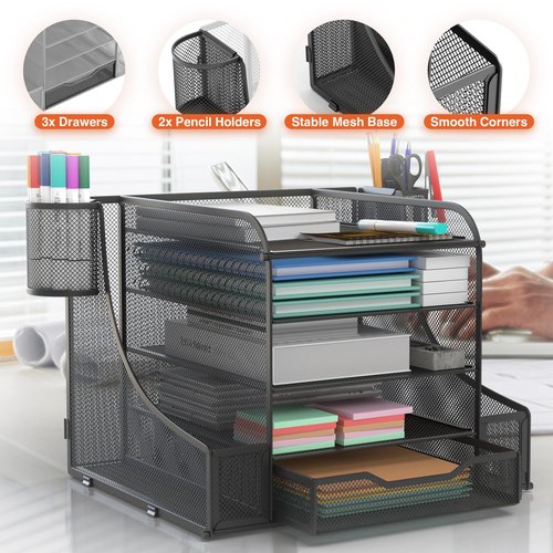 EVOOMI 5 Tier Mesh Desk Organizer PLUS - The Upgraded Time, Space & Sanity Saving Desktop Organizer System for Productivity Success - Ideal Pencil File Paperclip Post It Holder Mail Folder Organizer