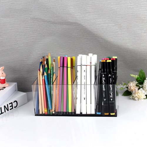 Acrylic Pen Holder Handmade,4 Slot Pencil Organizer Countertop,Pencil Stationery Organizer for Office Accessory, Makeup Cosmetic Brushes Storage, Vanity Organizer for Bathroom (Black based, 2PACK)
