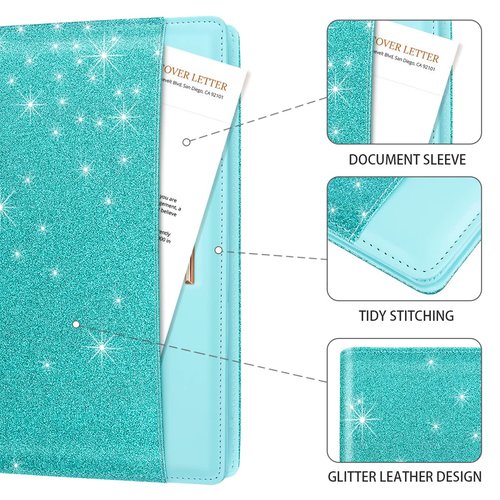 Glitter Padfolio/Resume Portfolio Folder for Women Men, WAVEYU Cute Chic Padfolio Cover Folder, Conference/Legal Document Organizer with Letter/A4 Size Clipboard, Document Sleeve, Teal