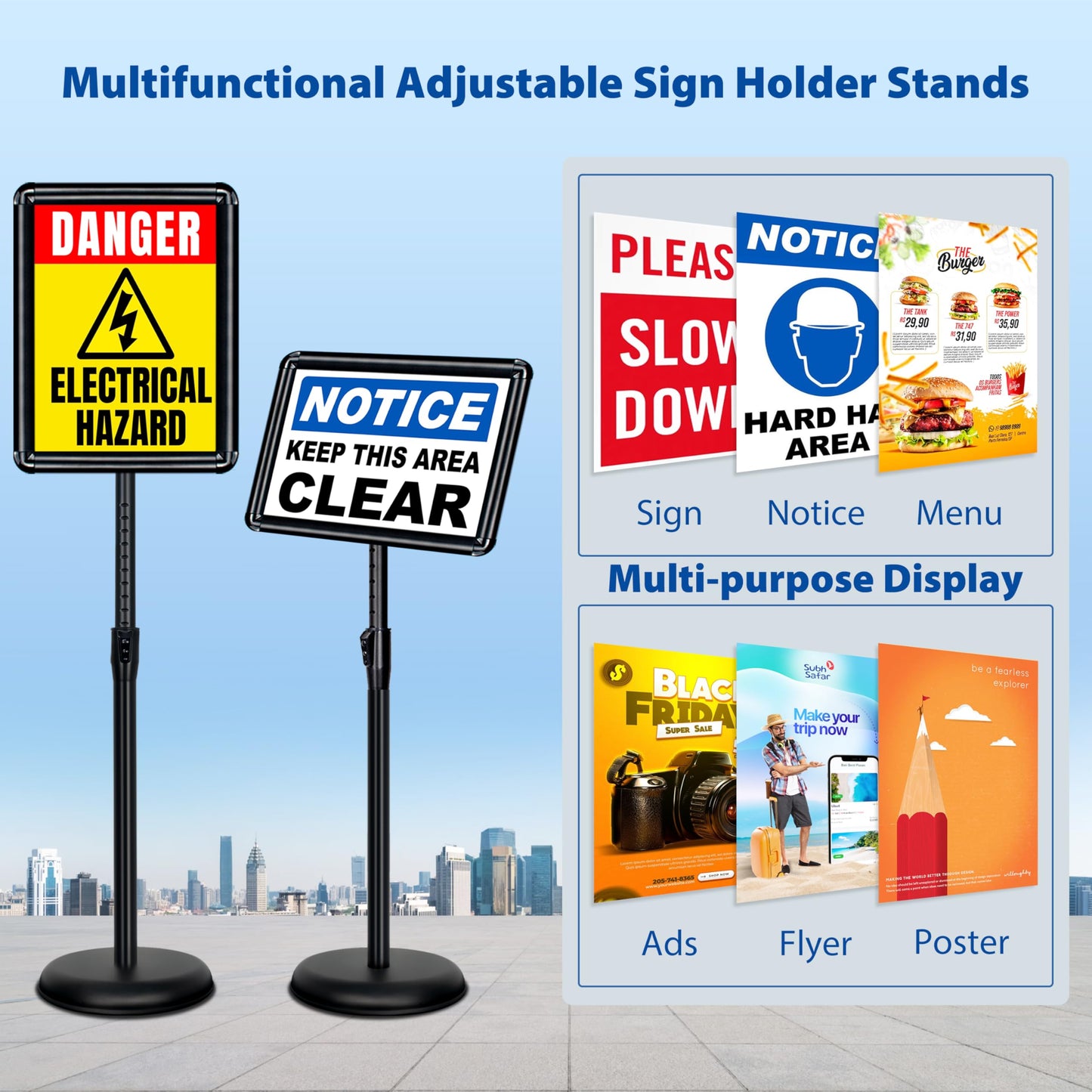 VAIIGO 4 Packs 8.5x11 Inch Sign Stand - Adjustable Floor Standing Sign Holder, Pedestal Poster Stand for Vertical & Horizontal Display, Outdoor & Indoor Use for Business & Store Signage - Black