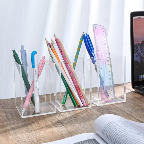 4 PCS Acrylic Pen Holder, Clear Pen Holder For Desk, Makeup Brush Holder Cup Organizer, Office Stationery Organizer, for Office School Makeup Desk