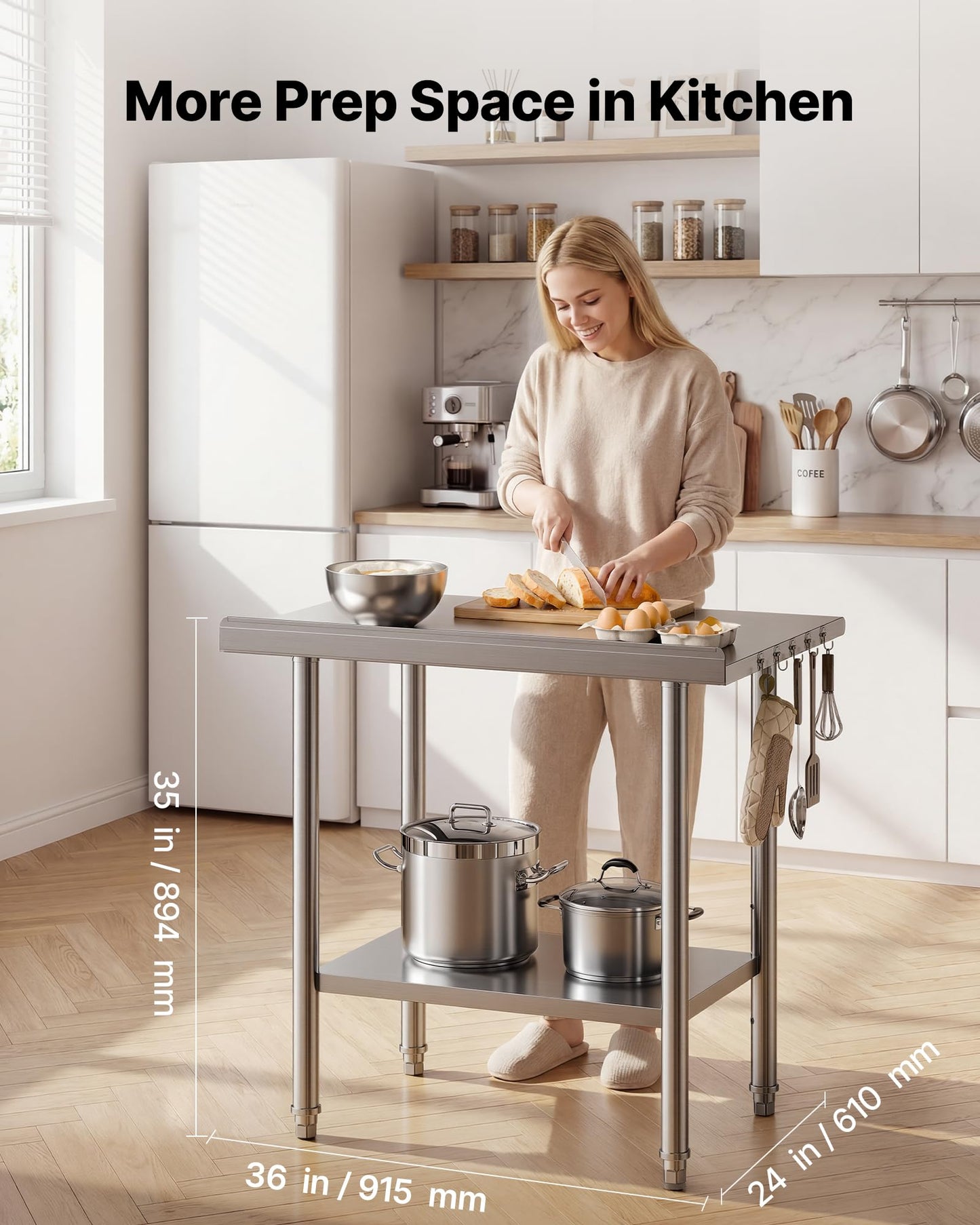 VEVOR Stainless Steel Work Table, 24x36 Inch Food Prep Table with Backsplash, Commercial Kitchen Workstation with Adjustable Undershelf, Metal Heavy Duty Utility Worktable, for Restaurant Home Outdoor