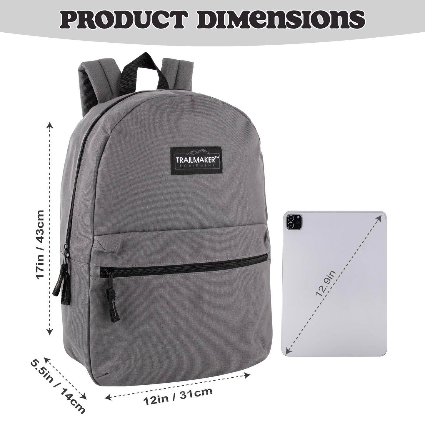 Trail maker Classic 17 inch Backpacks with Adjustable Padded Straps | School Backpacks for Girls, Boys (Grey)