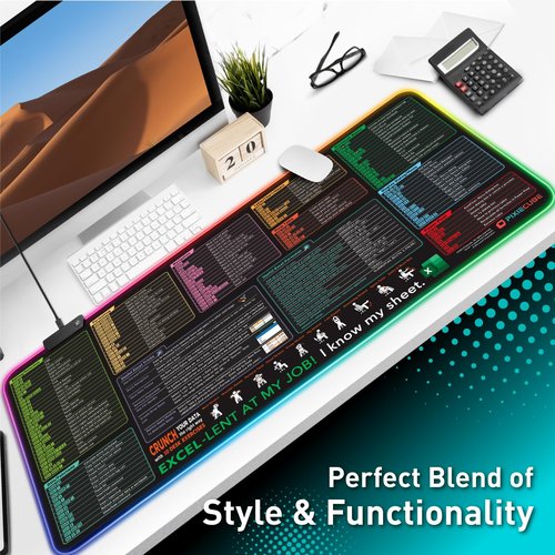 Excel Shortcut Keys LED Mouse Pad - Colorful RGB Luminous Extended Large Cheat Sheet Gaming Mousepad| PC Office Spreadsheet Keyboard Mat| Non-Slip Stitched Edge