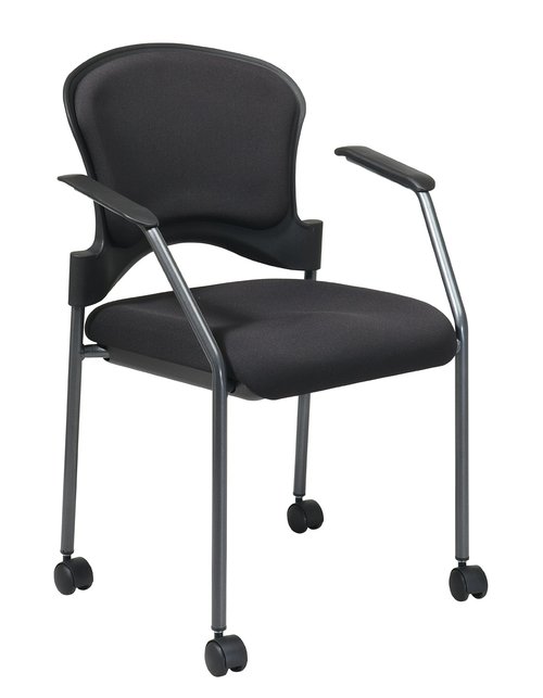 Office Star Padded Coal FreeFlex Mesh Seat Visitors Chair with Armrests, Upholstered Contour Back, Titanium Finish Frame, and Dual Wheel Carpet Casters, Black