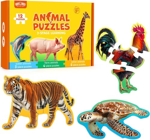 BenBen Animal Puzzles for Toddlers 2-4 | 12 Color-Coded Jigsaw Puzzles | 48 Educational Pieces