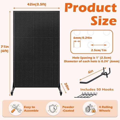 Royxen Metal Pegboard Display Stand - 3.5 x 6 Feet with 50 Hooks & Wheels | Black T-Base for Retail & Home