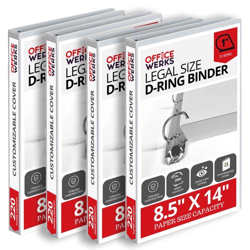Performore - Office Werks Heavy Duty 4-Pack Legal Size View Binder - 14" x 8.5", White, 1 Inch D-Ring, Back Mount Binder