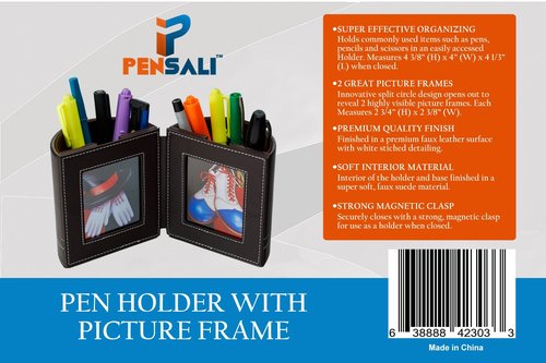 Pensali Pen and Pencil Holder with Picture Frame Space Saver Desk Organizer for Office Supplies - Made of Premium Suede Base Faux Leather Strong Magnetic Clasp Attractive Design - Brown