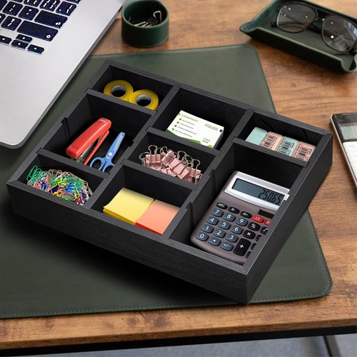 TEESSFROOD Desk Drawer Organizer Tray with 9 Adjustable Compartments, Wooden Office Desk Accessories Supplies Organization Storage for Desktop Bathroom Vanity Makeup Black